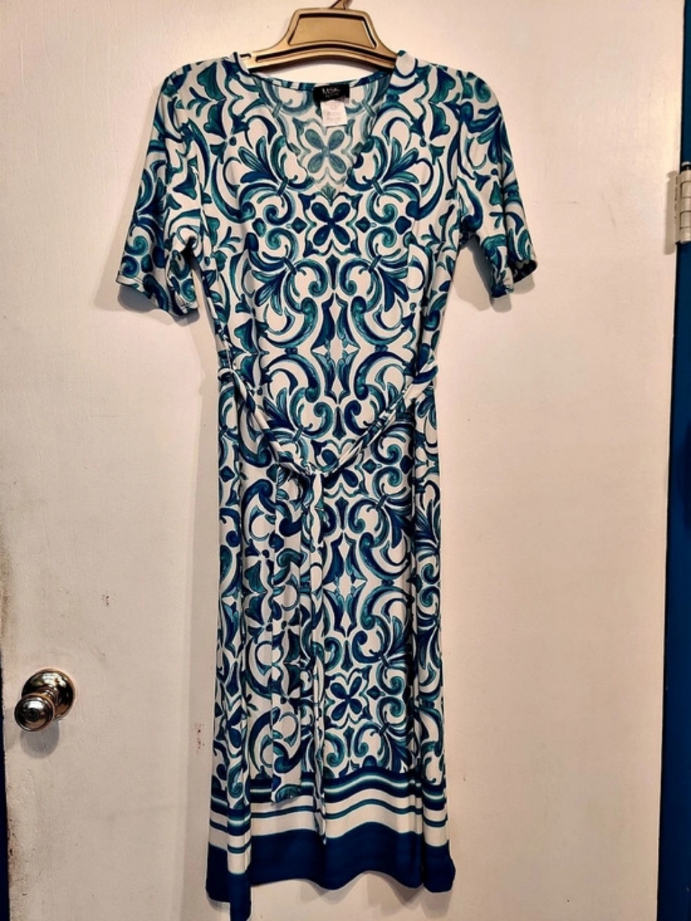 MSK Petite Abstract Print Midi Dress Blue & White Size PM